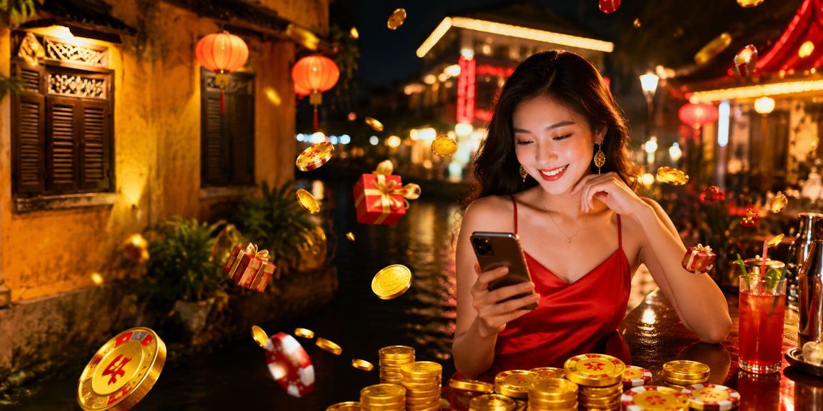Biển hiệu neon rực rỡ tại Hội An biểu trưng cho nền tảng giải trí trực tuyến an toàn và bảo mật