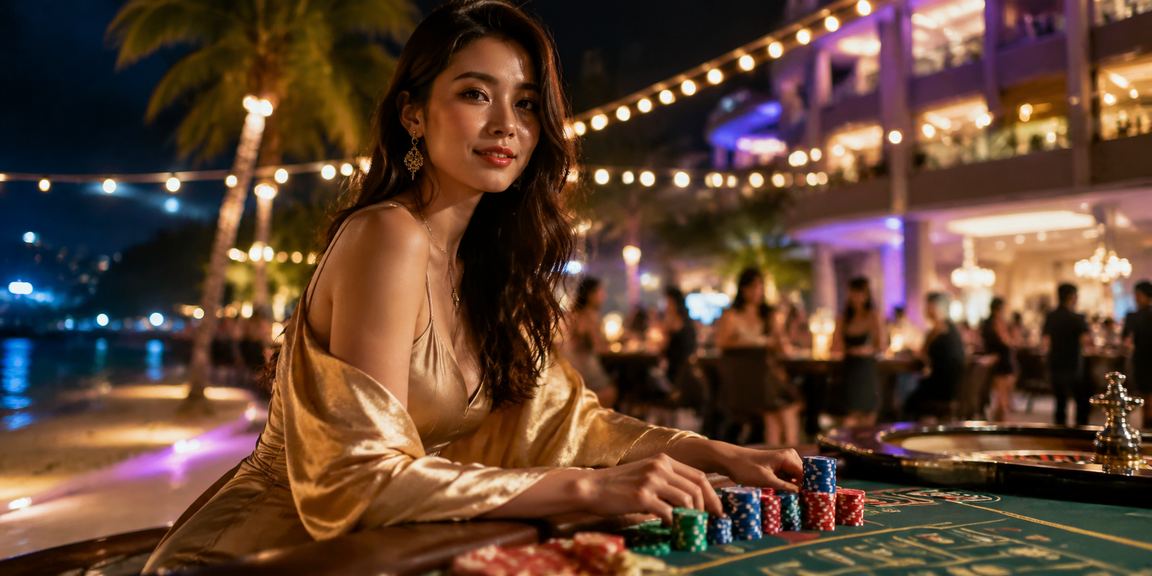 Người chơi slot game thư giãn trên bãi biển Phú Quốc với điện thoại trên tay